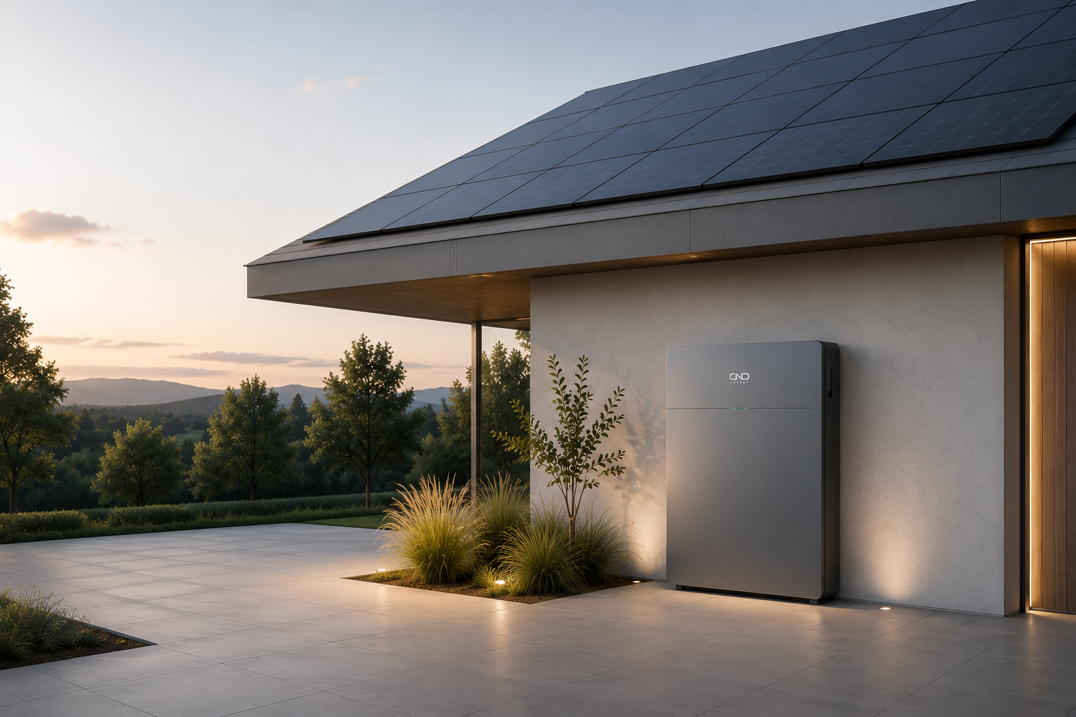 Moderne woning met zonnepanelen en CND thuisbatterij in avondlicht