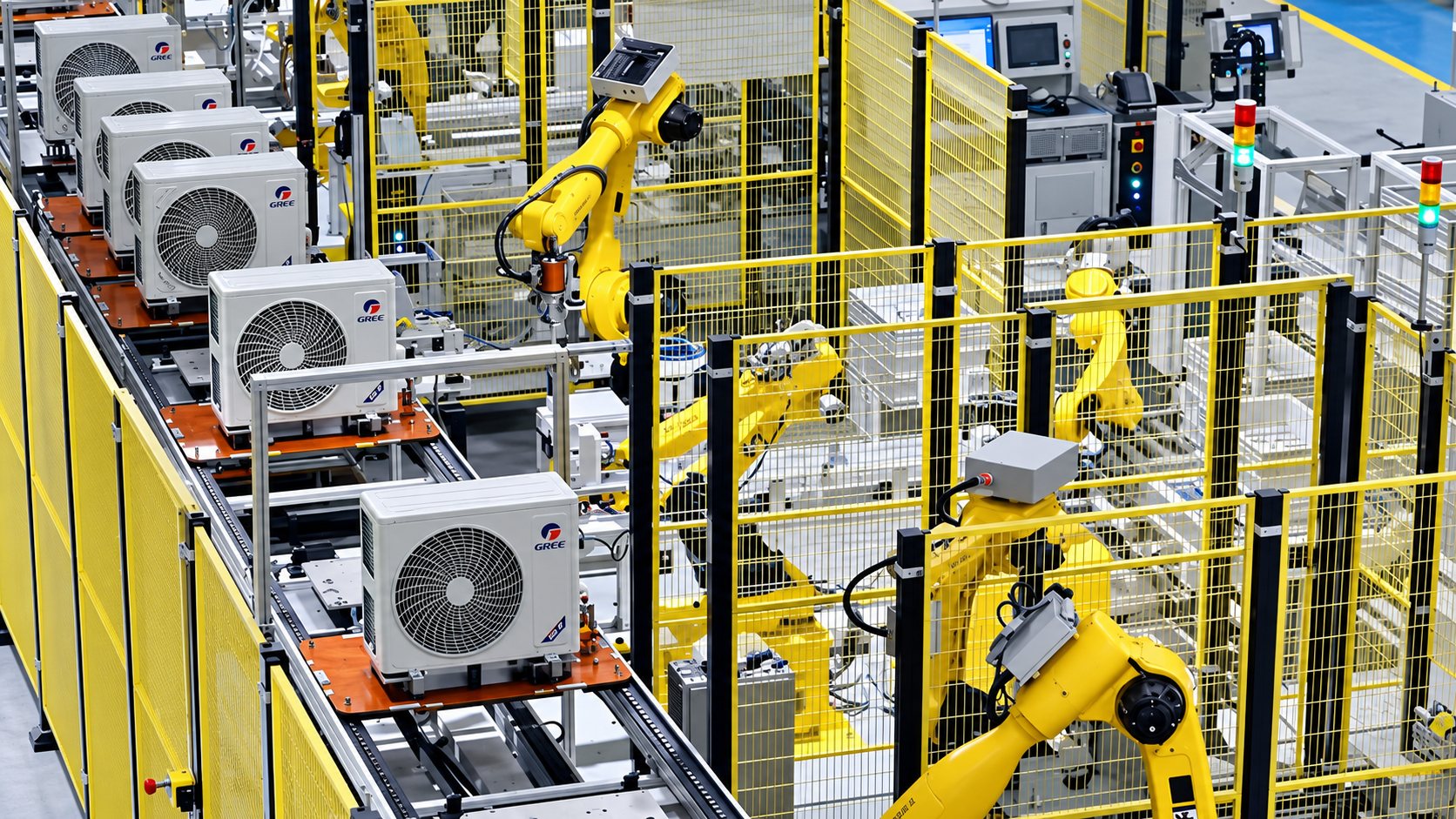 Productielijn bij GREE: buitenunits met GREE-logo op een band, met gele robotarmen