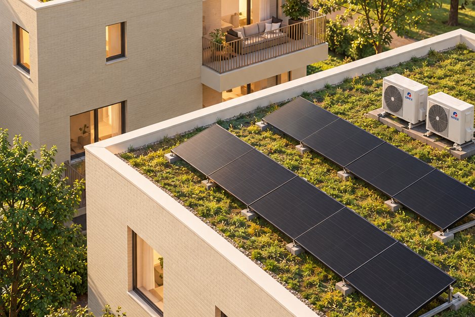Twee woningen met groendak, zonnepanelen en buitenunits op het dak