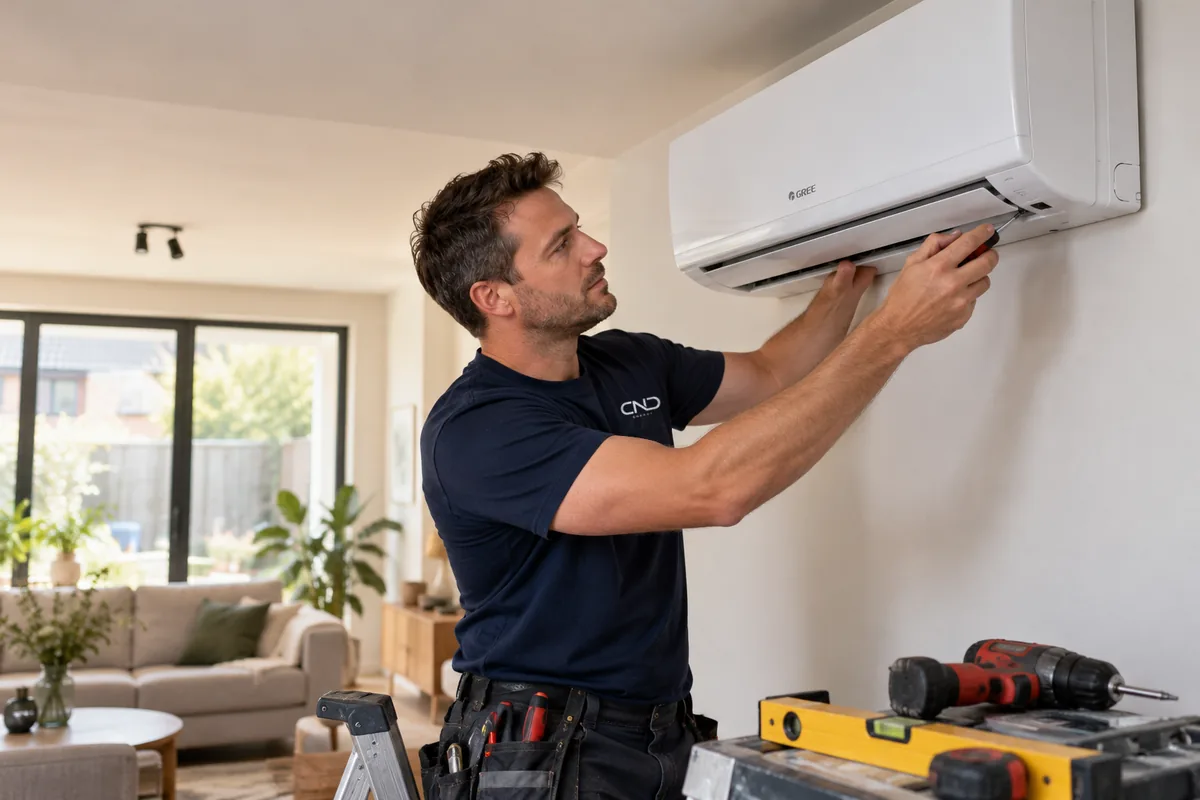 Plaatser in een navy CND-T-shirt werkt aan een binnenunit van een airco in een woonkamer