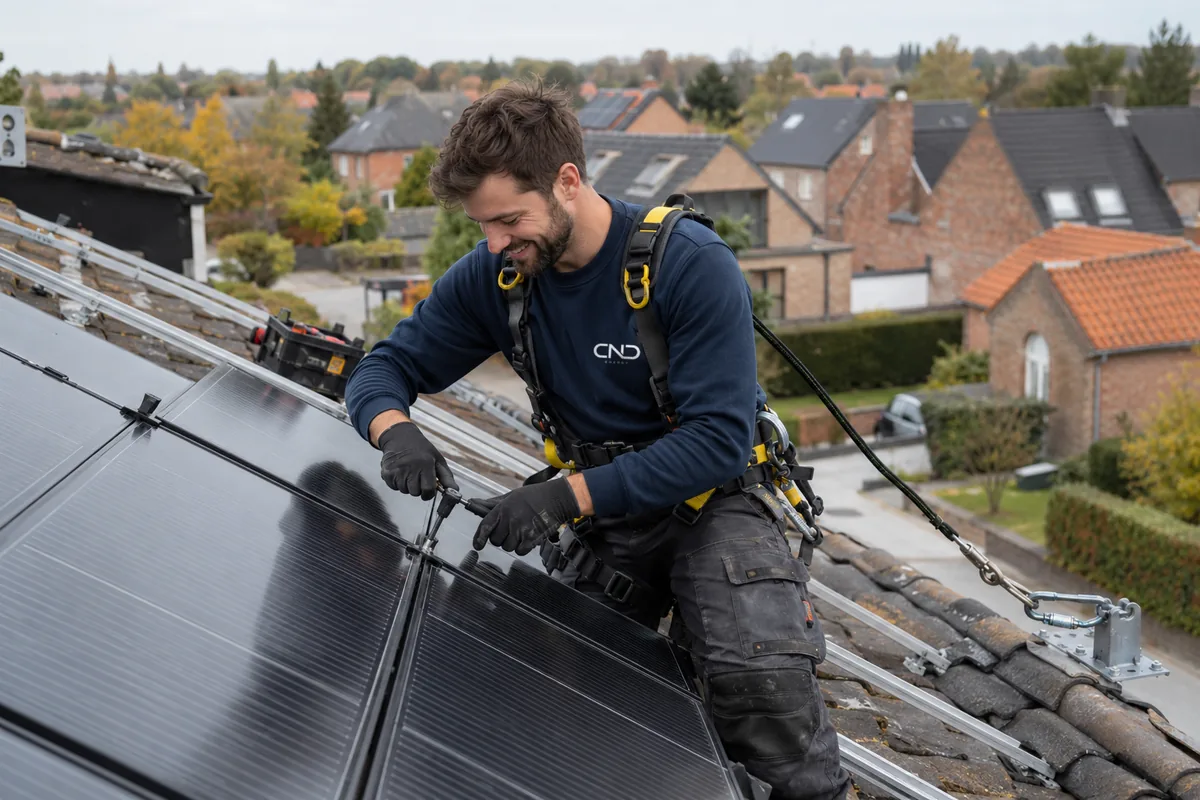 Plaatser in een navy CND-trui met valbeveiliging monteert zonnepanelen op een dak