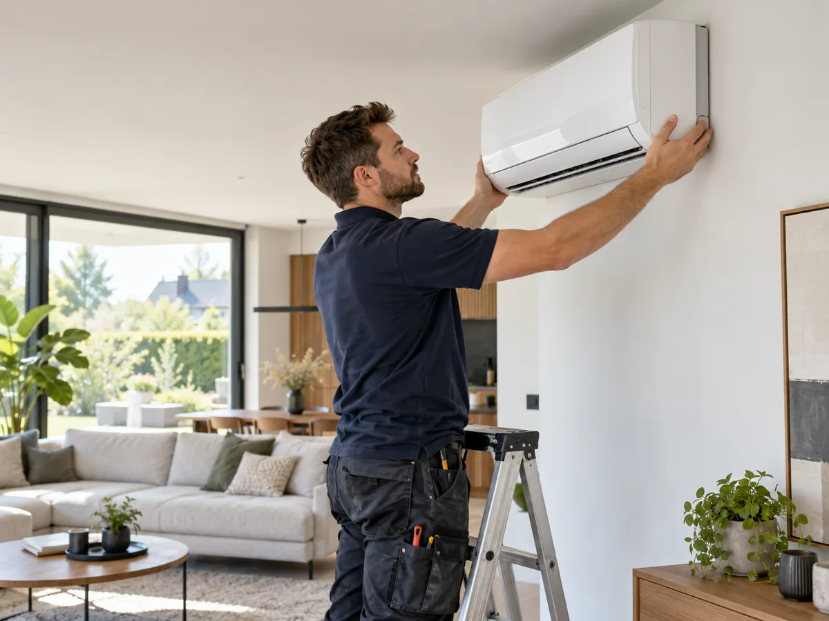 Technieker monteert een wandunit in een woonkamer