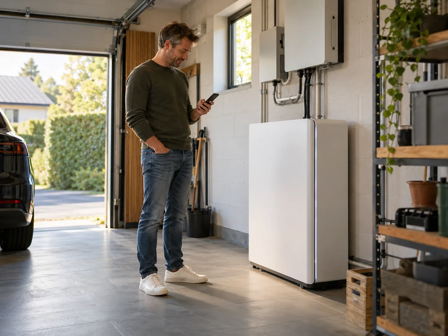Bewoner bekijkt zijn smartphone naast de thuisbatterij in de garage
