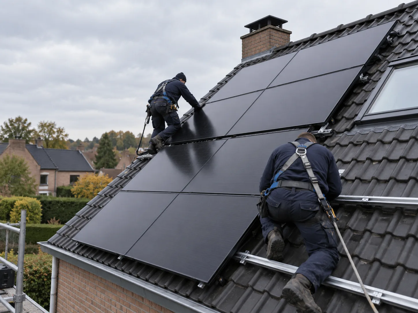 Twee installateurs leggen zwarte zonnepanelen op een pannendak