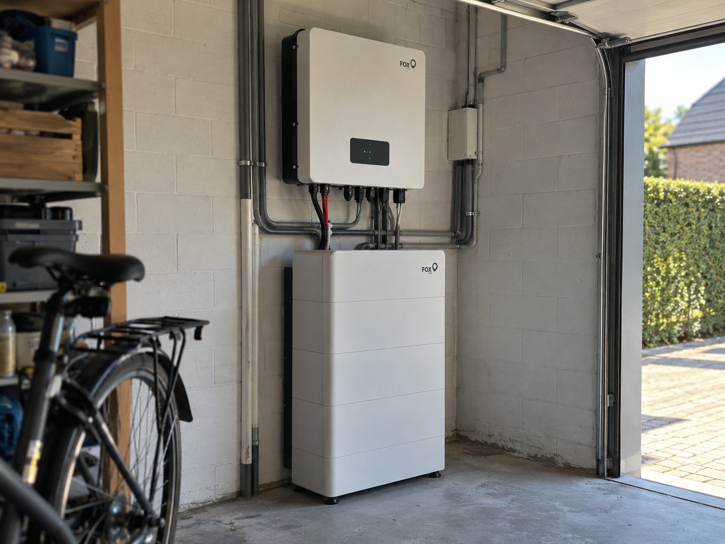 FOX ESS-omvormer en thuisbatterij aan de muur in een garage