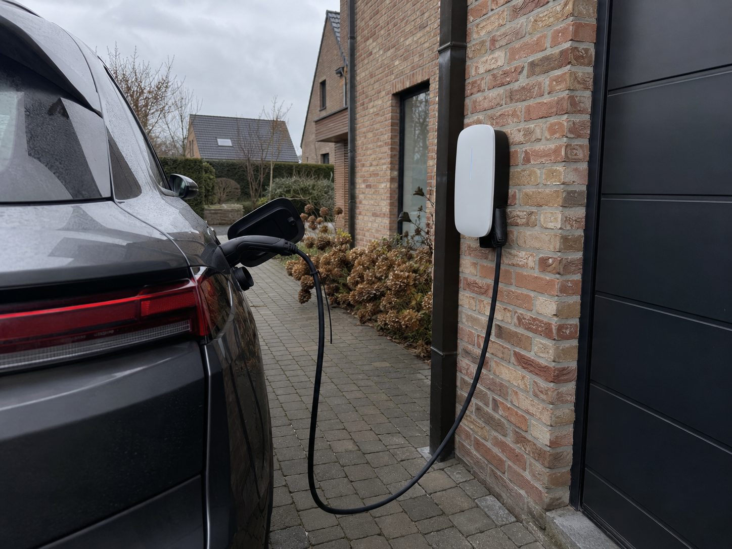 Elektrische wagen aan een witte laadpaal tegen de bakstenen gevel naast de oprit